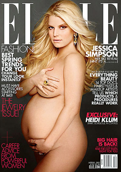 Jessica Simpson For the April 2012 issue of ELLE, the singer revealed that she and her fiance, former NFL pro Eric Johnson, are expecting a baby girl! Read more: http://www.usmagazine.com/celebrity-moms/pictures/nude-pregnant-celebs-201273/21333#ixzz39FPCEEXf Follow us: @usweekly on Twitter | usweekly on Facebook